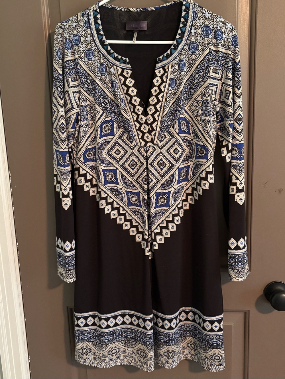 Hale Bob Black, Blue & Cream Geometric V-Neck Long-Sleeve Dress